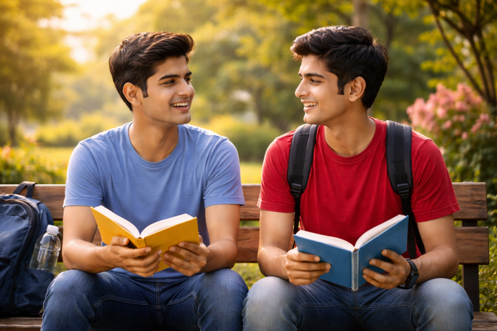 padhai me focus kaise kare student dost ke saath shaant garden me baithkar padhai discuss kar raha hai