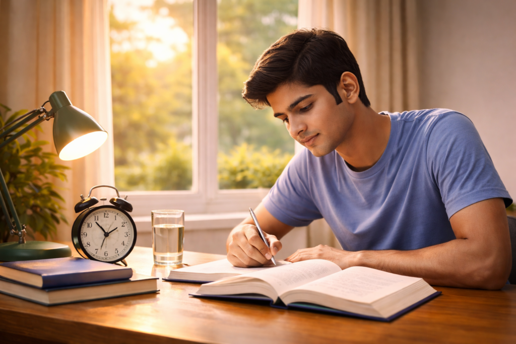 padhai me focus kaise kare student subah jaldi uthkar table clock ke saath focused study kar raha hai