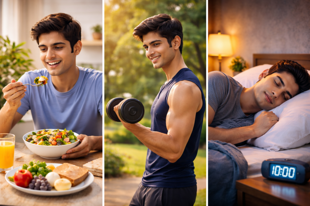 padhai me focus kaise kare student healthy lifestyle follow karte hue achha khana exercise aur sahi neend le raha hai