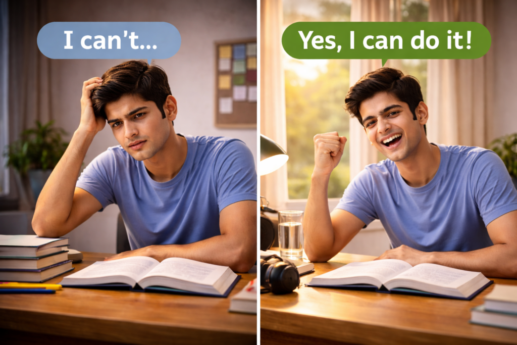 padhai me focus kaise kare student negative soch se positive mindset me badalte hue self motivation dikha raha hai