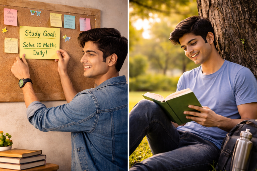 padhai me focus kaise kare student study goal wall par laga kar aur prakriti me baithkar dhyan se padhai kar raha hai