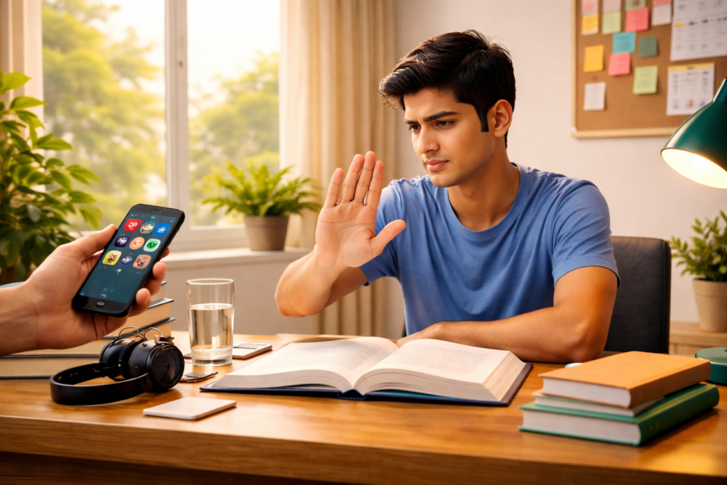 padhai me focus kaise kare student mobile ko mana karte hue distraction se door reh raha hai
