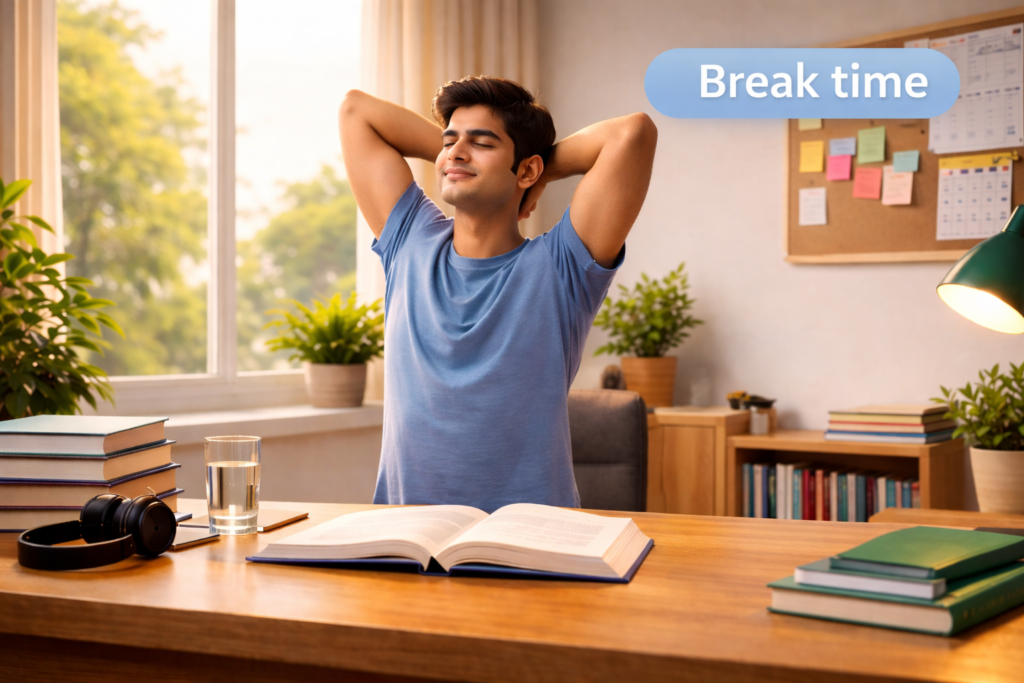 padhai me focus kaise kare student pomodoro technique me break lete hue relax kar raha hai