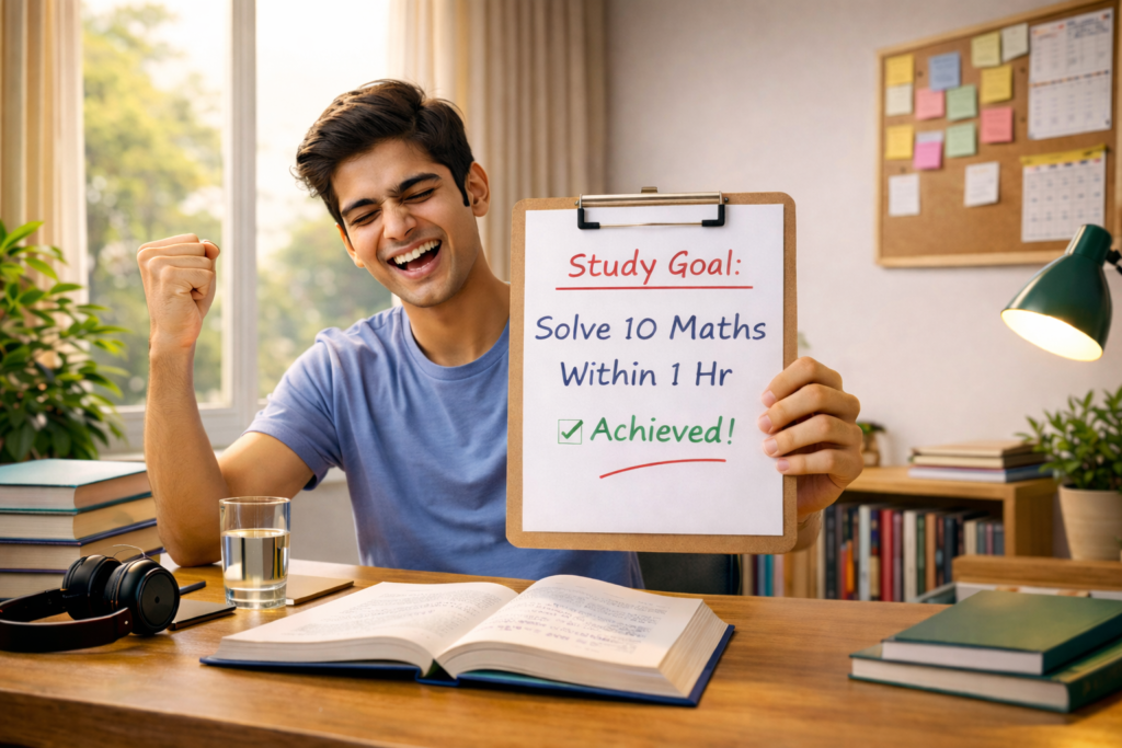 padhai me focus kaise kare student apna study goal complete karke khush ho raha hai maths solve karne ke baad